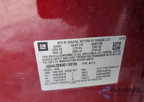 2016 Chevrolet Equinox Lt из США, поврежденный, VIN 2GNALCEK6G1128109